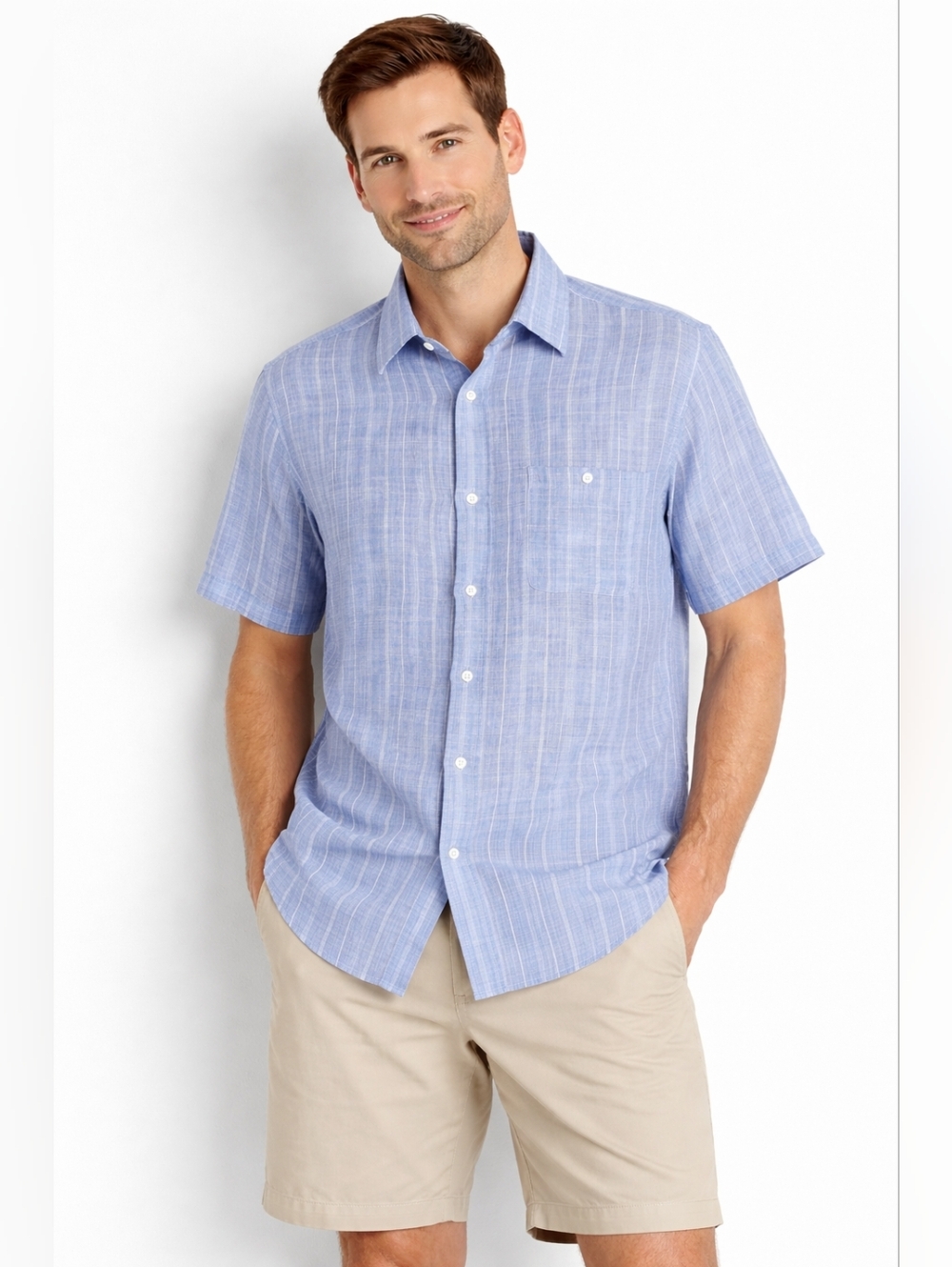 Mirto Men's Short Sleeve Collared Button Down Shirt Linen Blend Spain Stripe XL